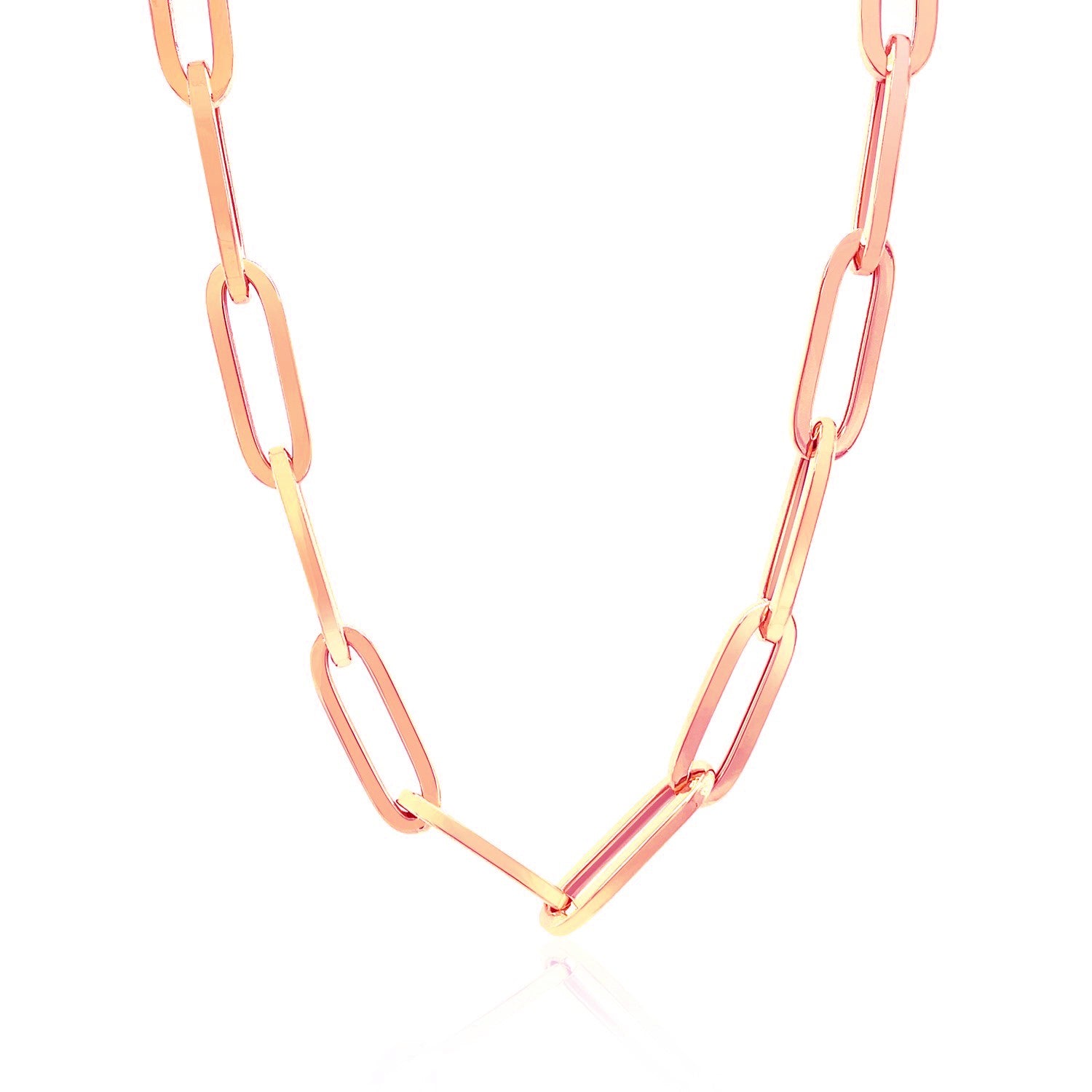 14k rose gold wide paperclip chain with modern links, showcasing exquisite craftsmanship and luxurious shine.