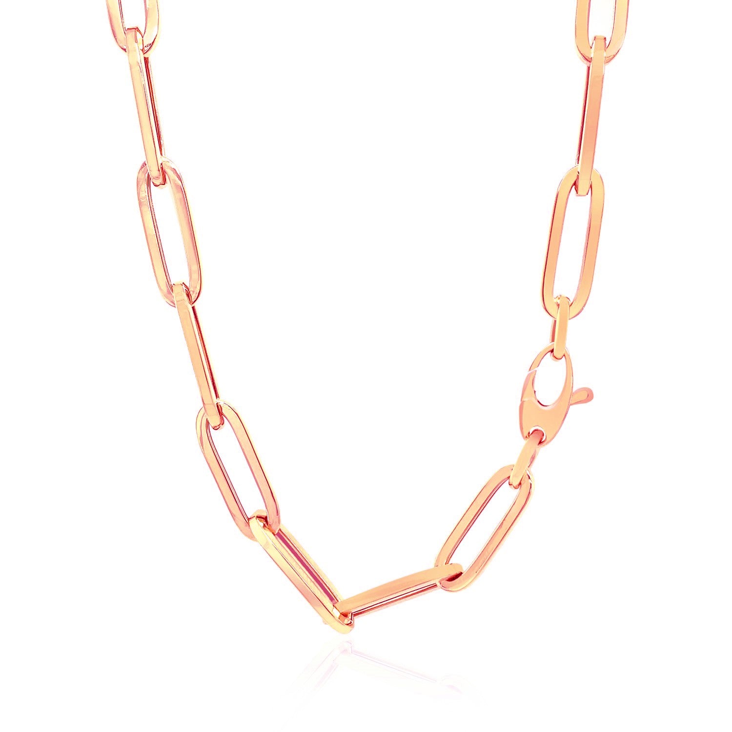 14K rose gold wide paperclip chain with modern links, perfect for layering or as a statement piece.