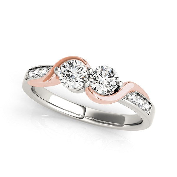 14k white and rose gold curved band ring featuring two round diamonds, elegantly designed for timeless luxury.