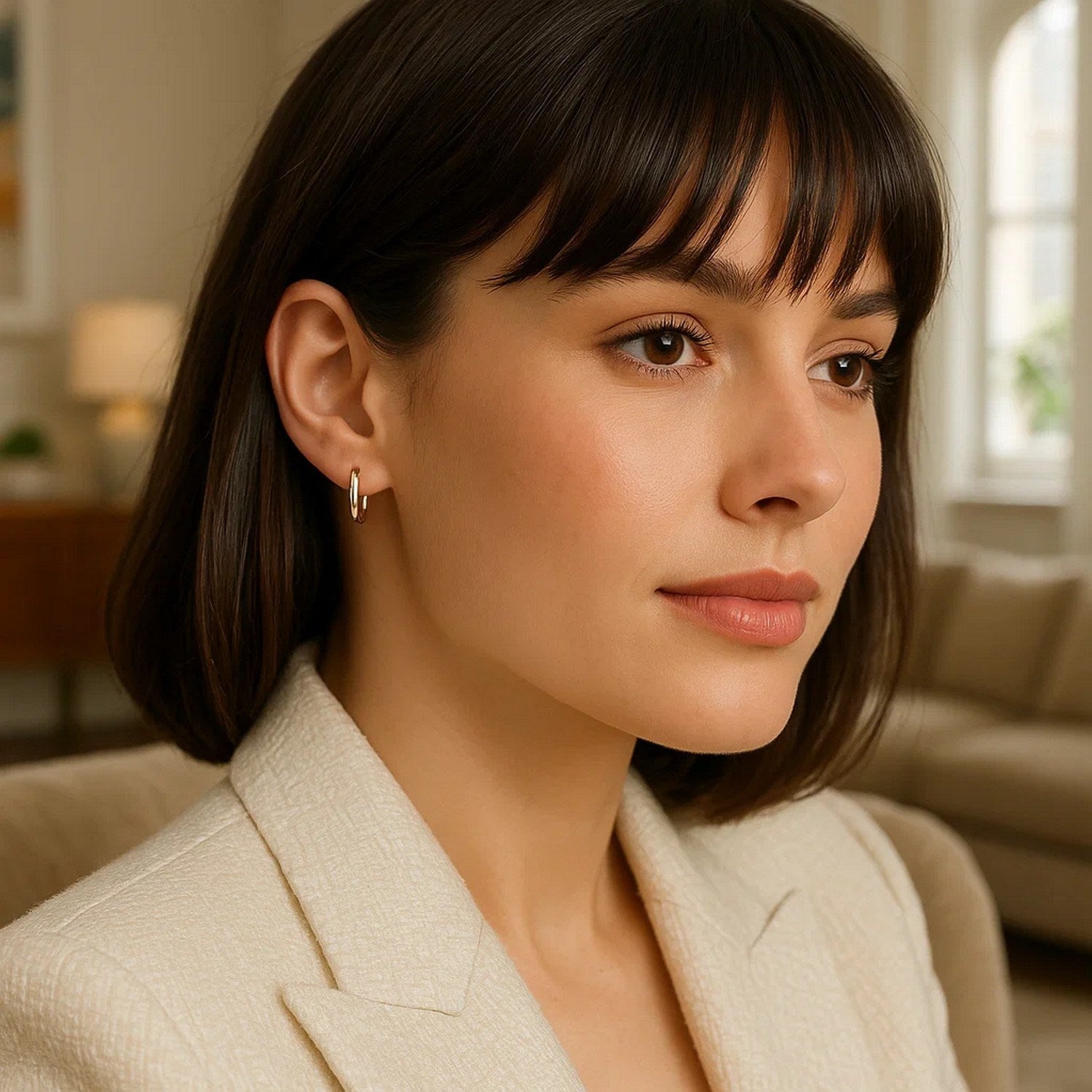14k rose gold polished round hoop earrings, showcasing a modern design with a luxurious gleam.