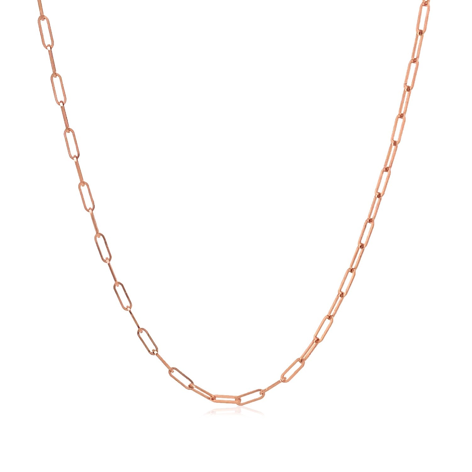 14K rose gold fine paperclip chain featuring modern links, perfect for layering or standalone elegance.
