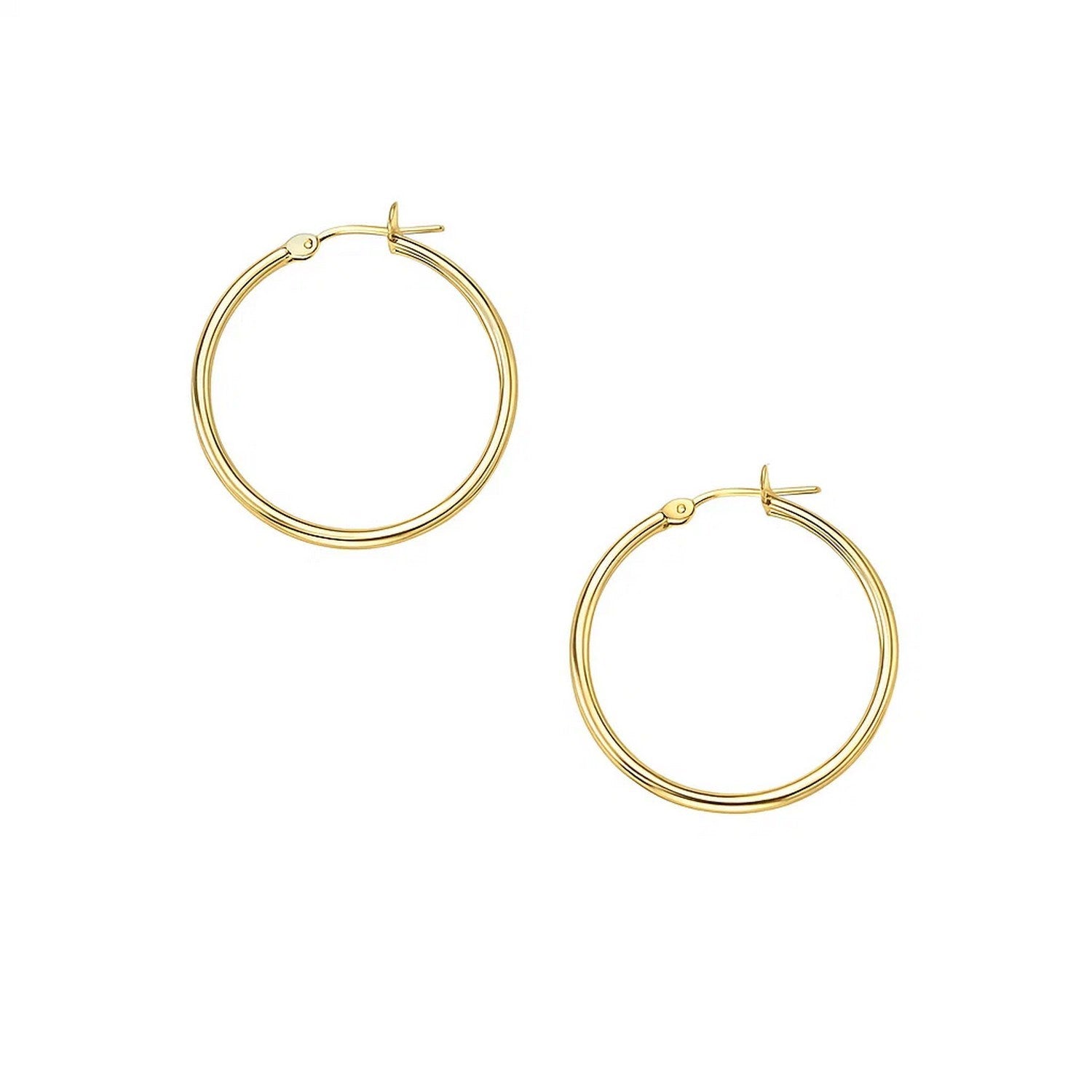 14k yellow gold polished hoop earrings with a sleek modern design, perfect for elegant everyday wear.