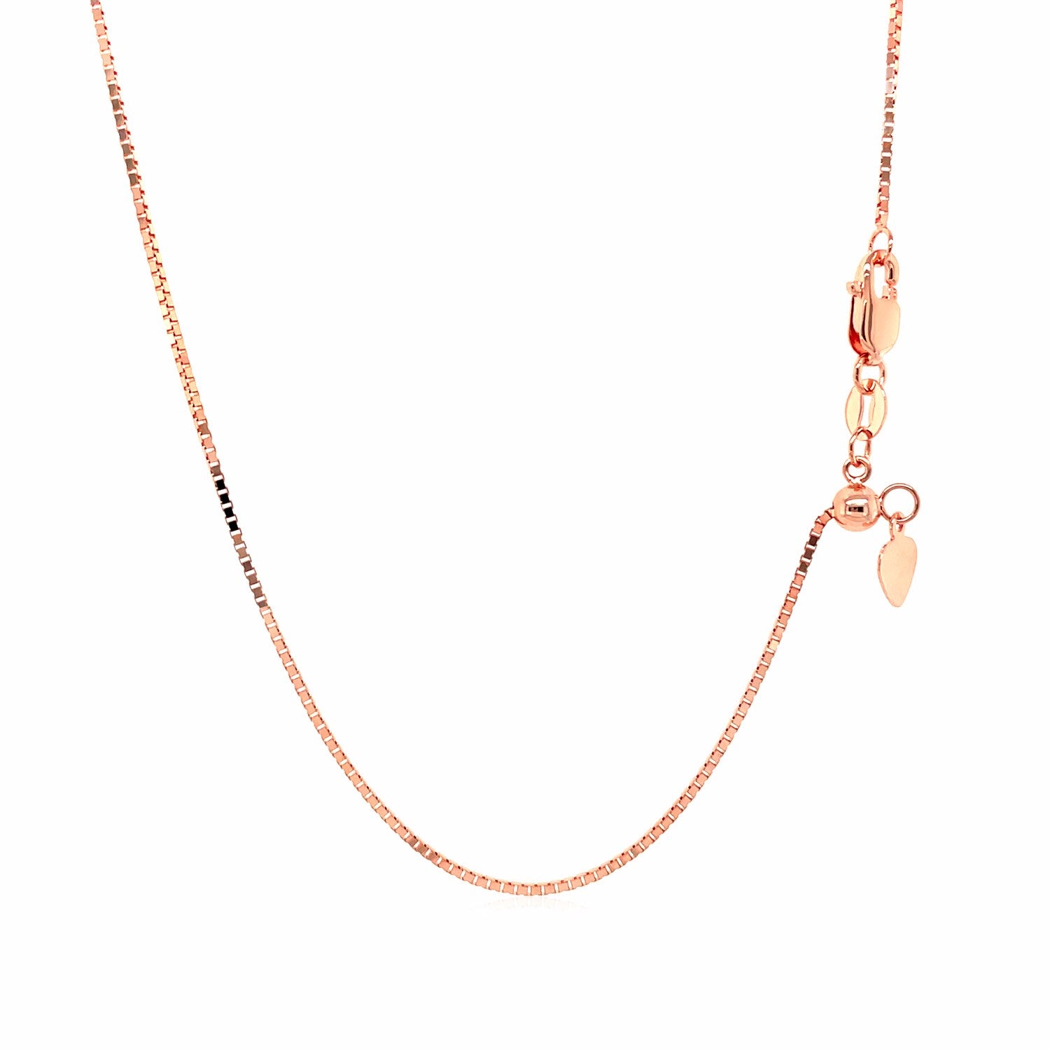 14k rose gold adjustable box chain featuring a sleek contemporary design and delicate round links for versatile elegance.