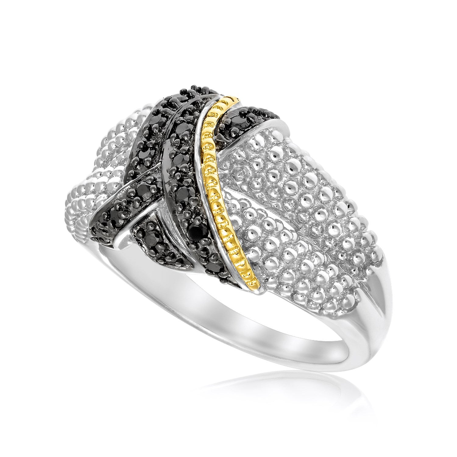 18k yellow gold and sterling silver entwined popcorn ring adorned with exquisite black diamonds for a modern luxury look.