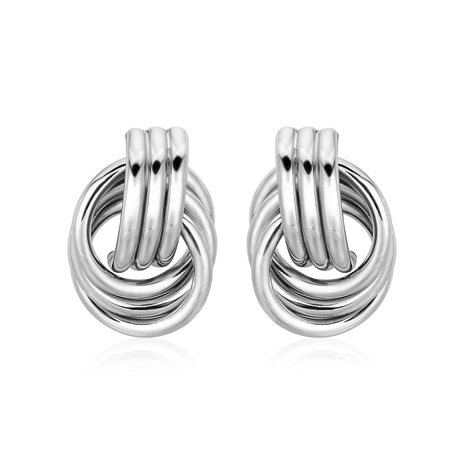 Polished sterling silver love knot earrings featuring interlocking rings in a modern design, perfect for luxury occasions.
