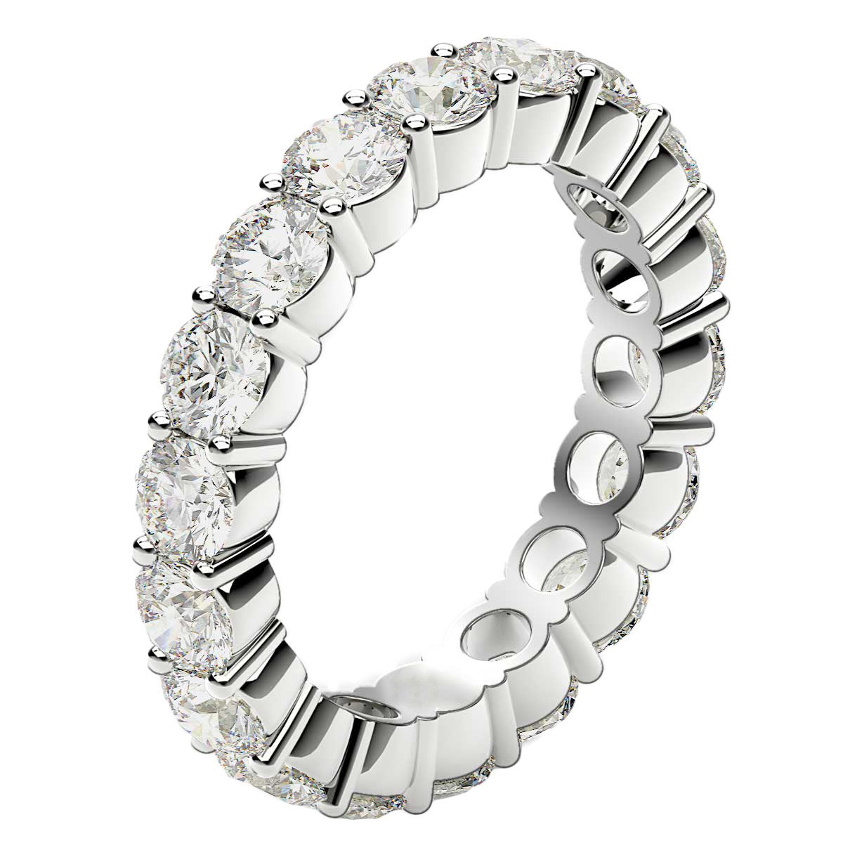 Elegant round cut lab grown diamond eternity ring in 14k white gold, showcasing timeless luxury and brilliance.