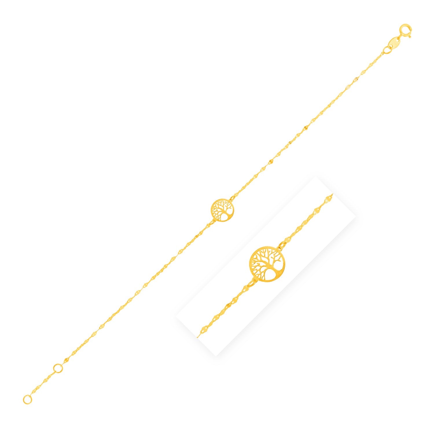 Elegant 14k yellow gold Tree of Life bracelet featuring a delicate chain design, perfect for sophisticated styling.