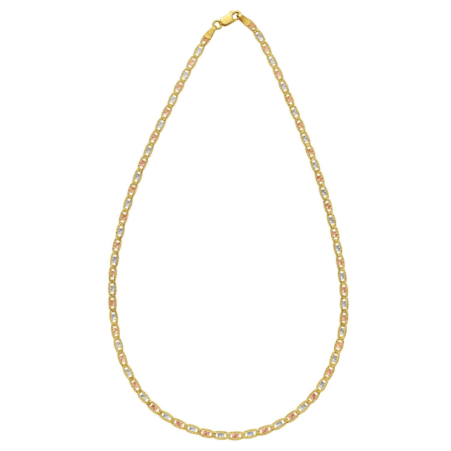 Elegant 14k tri-color gold pave Valentino chain featuring intricate links, perfect for layering or standalone wear.
