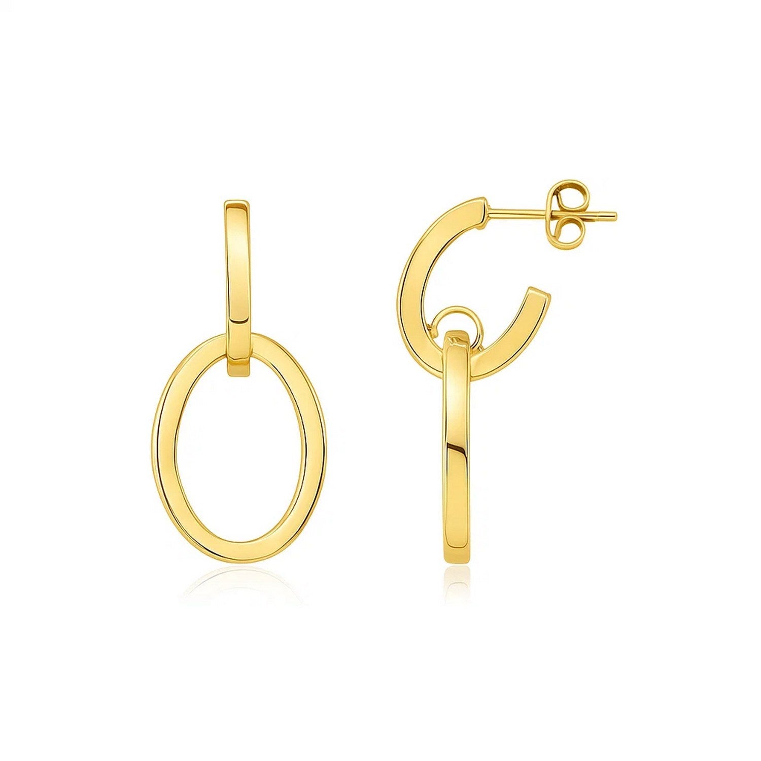 14k yellow gold interlocking drop hoop earrings with a modern design, perfect for elegant occasions.