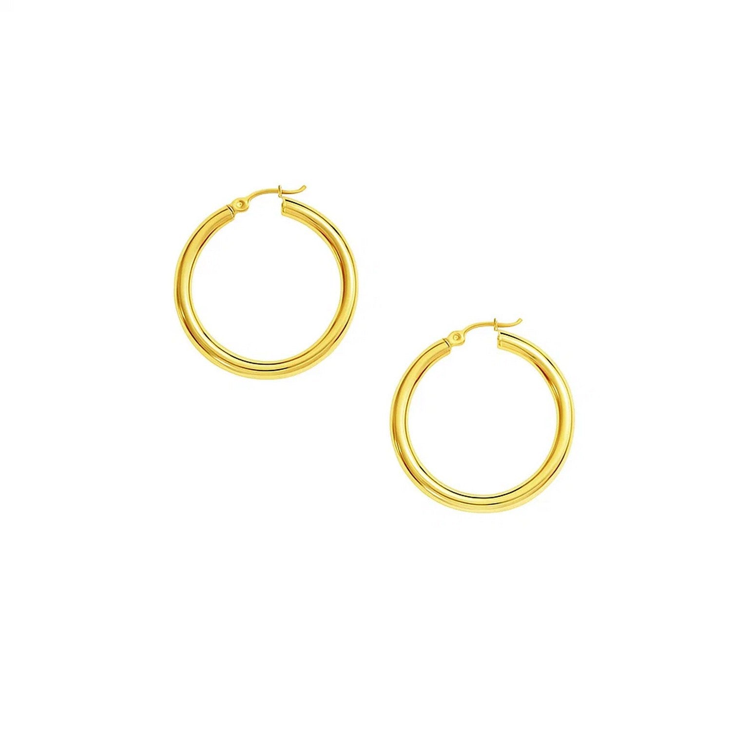 14k yellow gold polished hoop earrings, modern design, 3x30mm, perfect for elegant everyday wear.