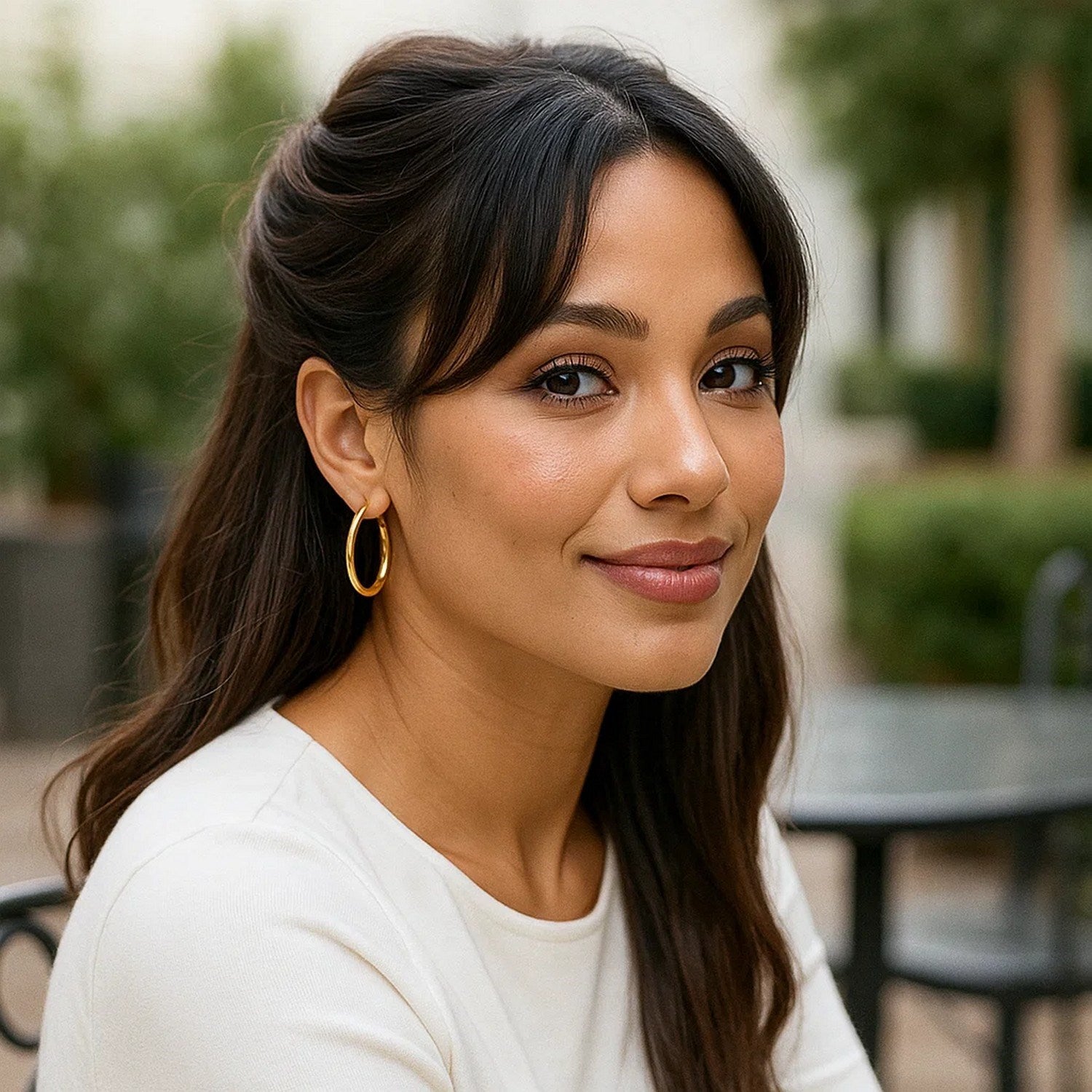 14k yellow gold polished hoop earrings, modern design, elegant 3x30mm size, perfect for luxury occasions.