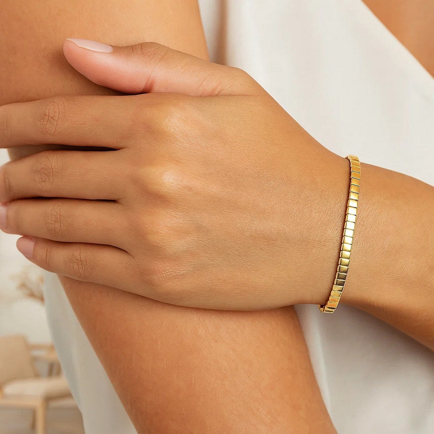 14k yellow gold brick omega bracelet featuring modern link design, elegantly crafted for timeless luxury.