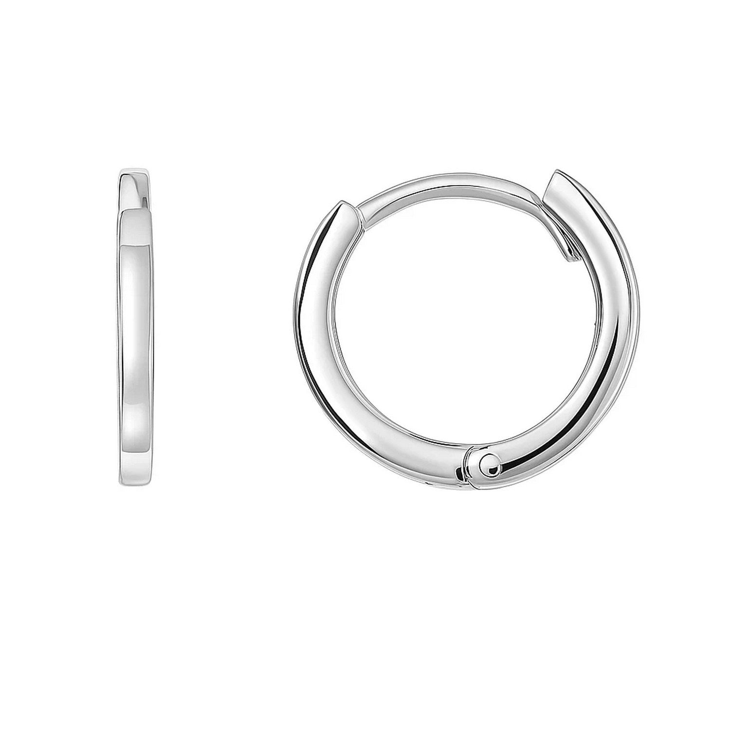 14k white gold polished round hoop earrings with a sleek modern design, perfect for elegant occasions.