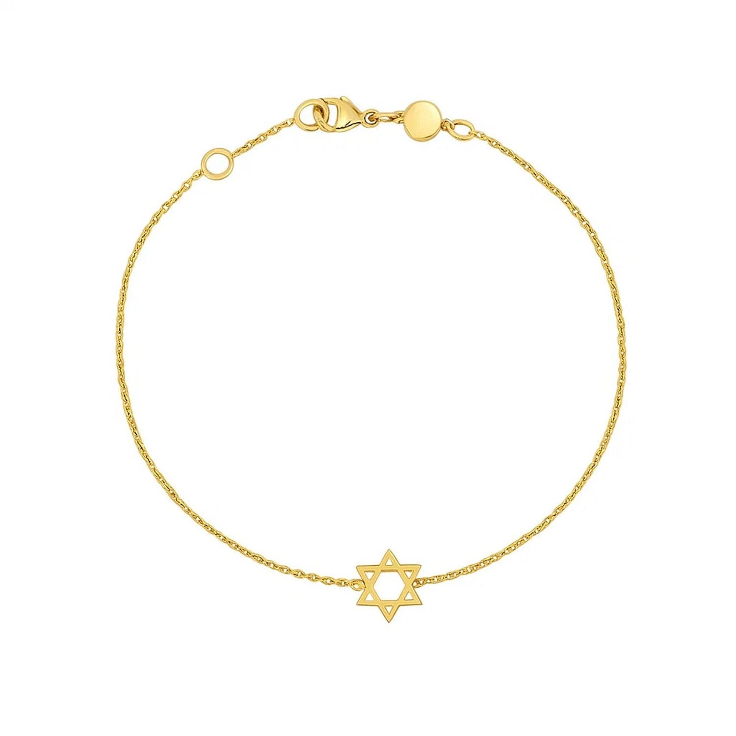 Elegant 14k yellow gold Star of David bracelet featuring a delicate chain design, perfect for luxury jewelry lovers.