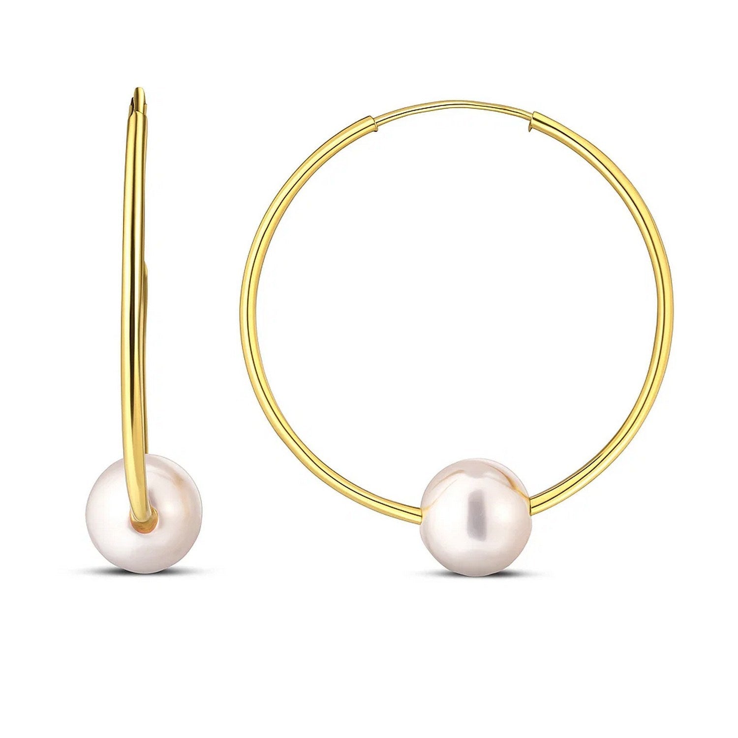 14k yellow gold endless pearl hoop earrings featuring elegant round design for a timeless luxury look.