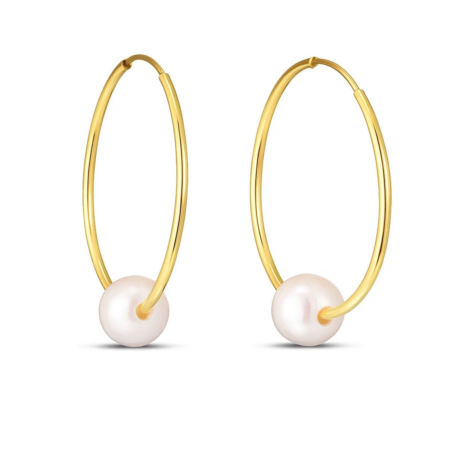 14k yellow gold endless pearl hoop earrings featuring elegant round design for a timeless luxury look.