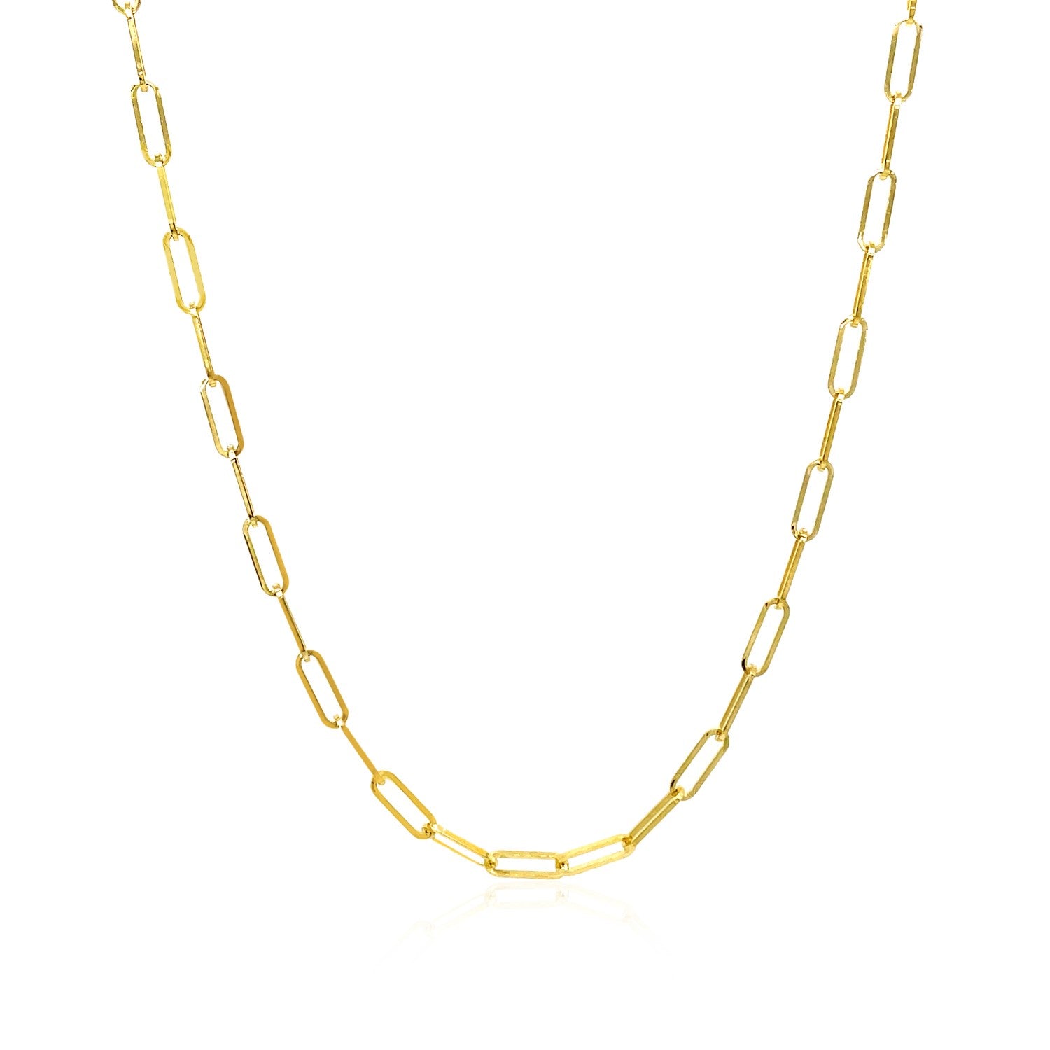 14k yellow gold delicate paperclip chain, modern design with sleek round links, perfect for layering or solo wear.