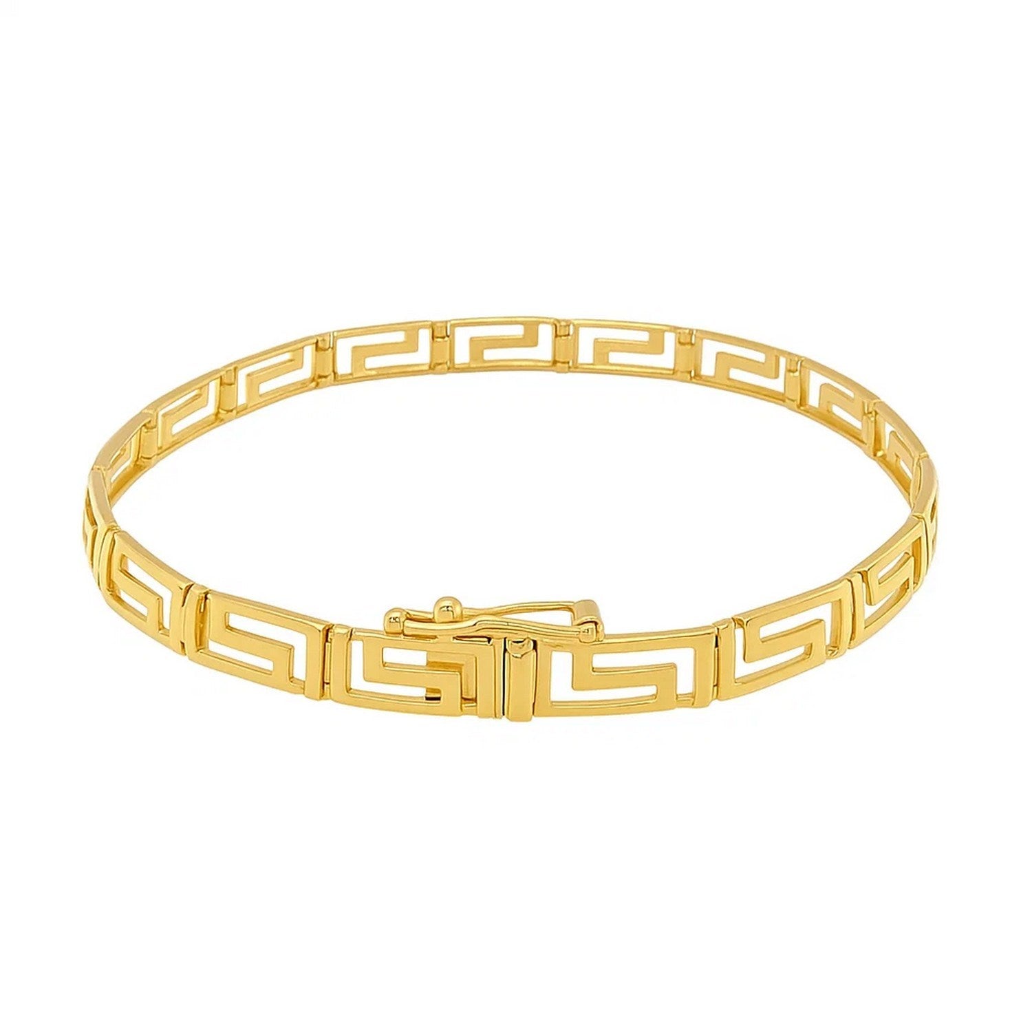 Elegant 14k yellow gold bracelet featuring a fancy Greek key motif and delicate chain design.