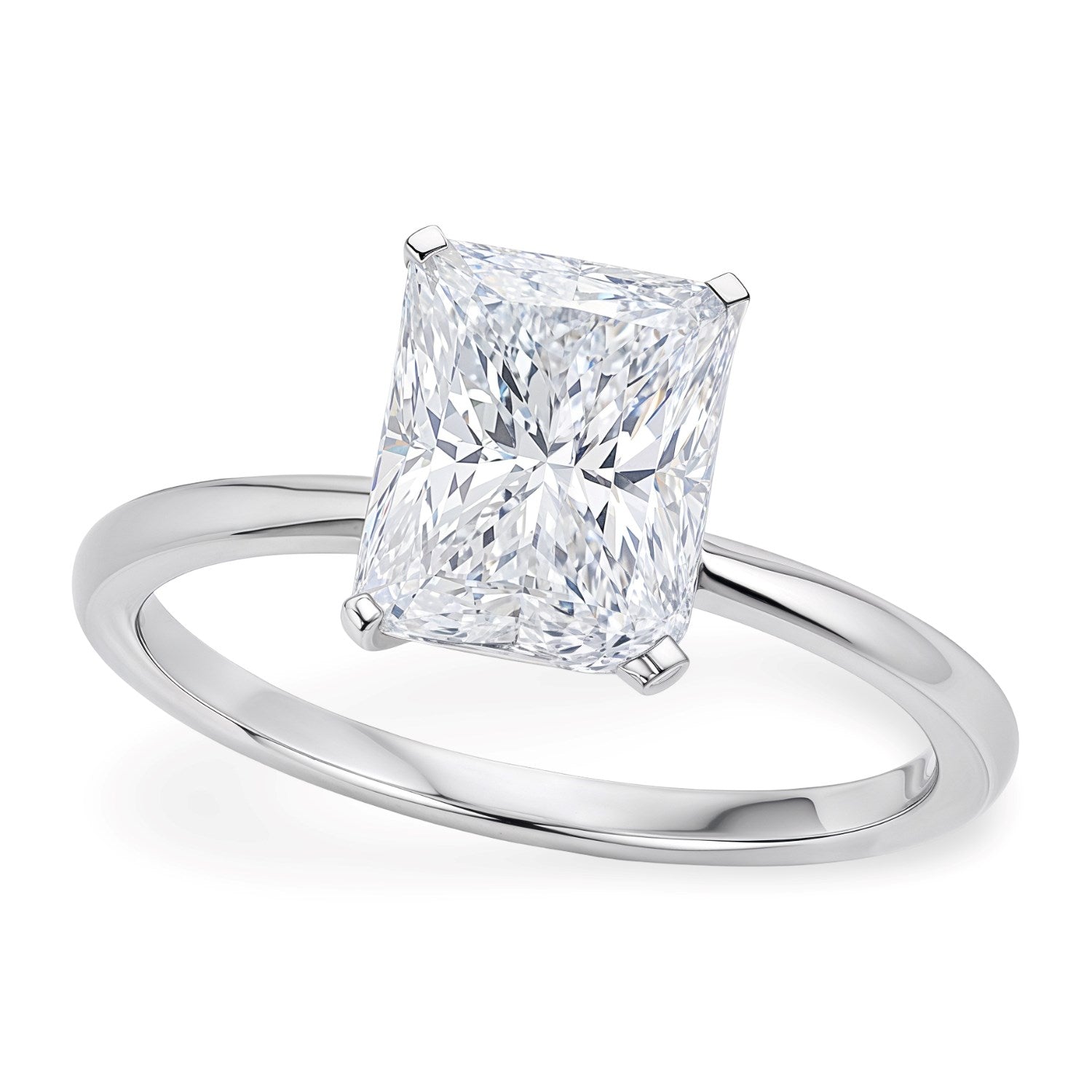 3 carat radiant lab grown diamond solitaire ring in 14k white gold, showcasing modern elegance and timeless beauty.