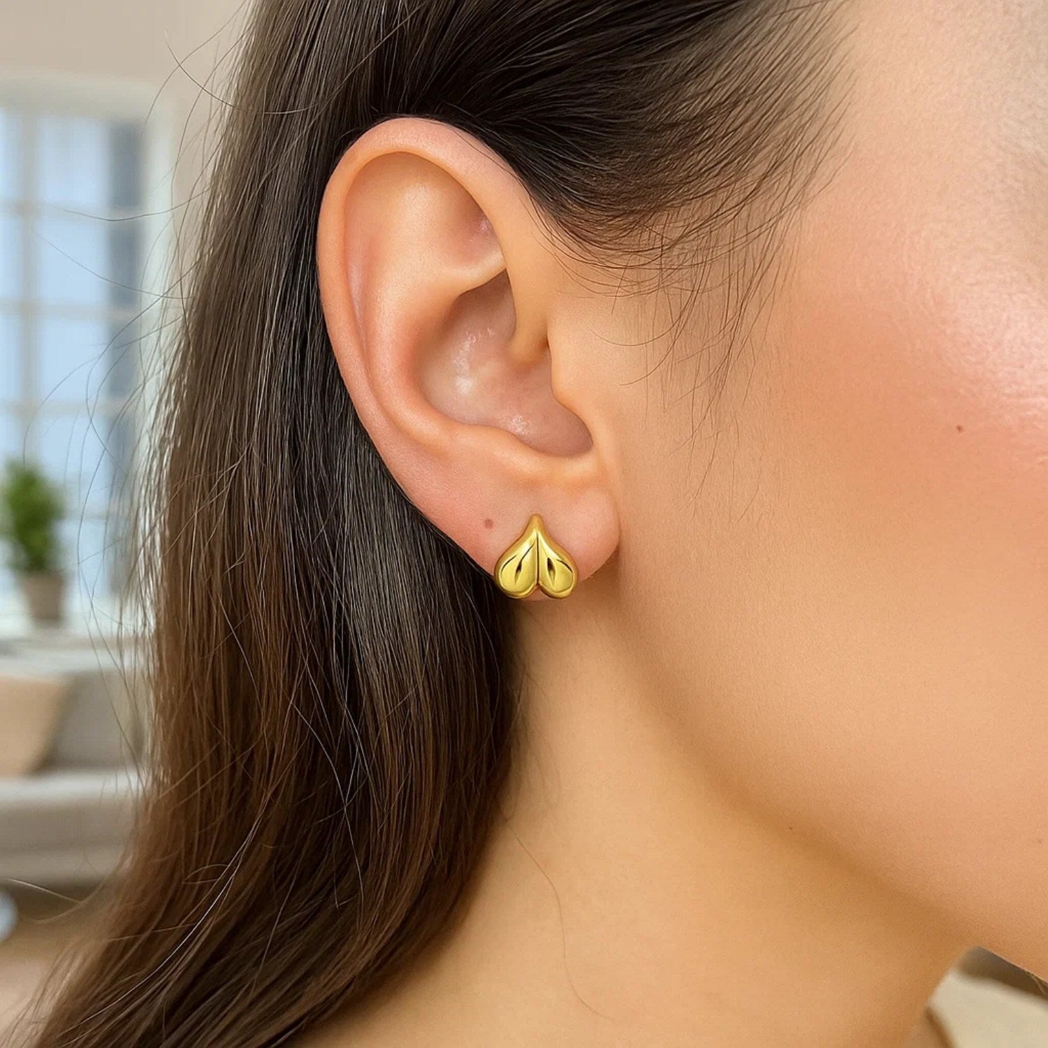 14K yellow gold puffed bubble heart stud earrings with modern design, perfect for elegant everyday wear.