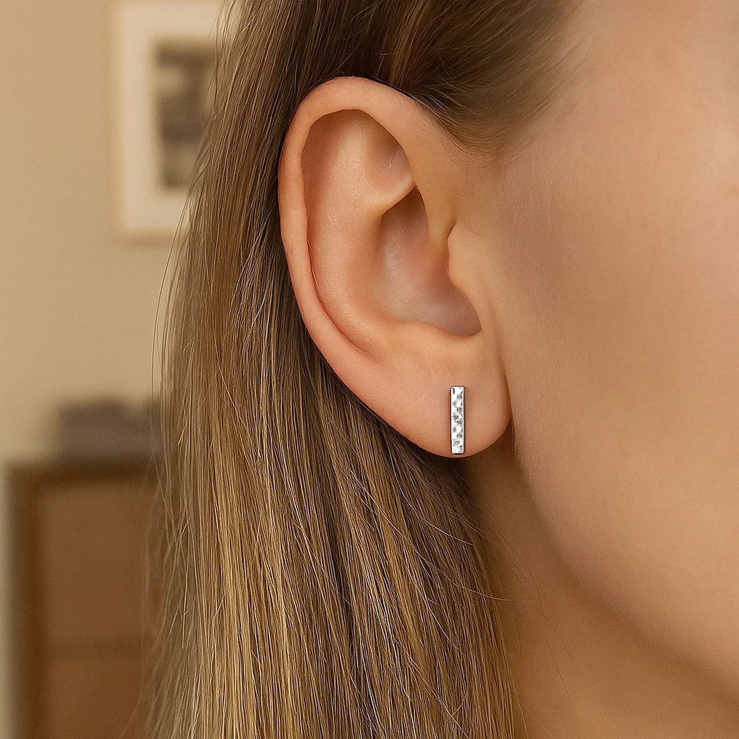 14k white gold textured bar dangle earrings showcasing modern elegance and refined craftsmanship.