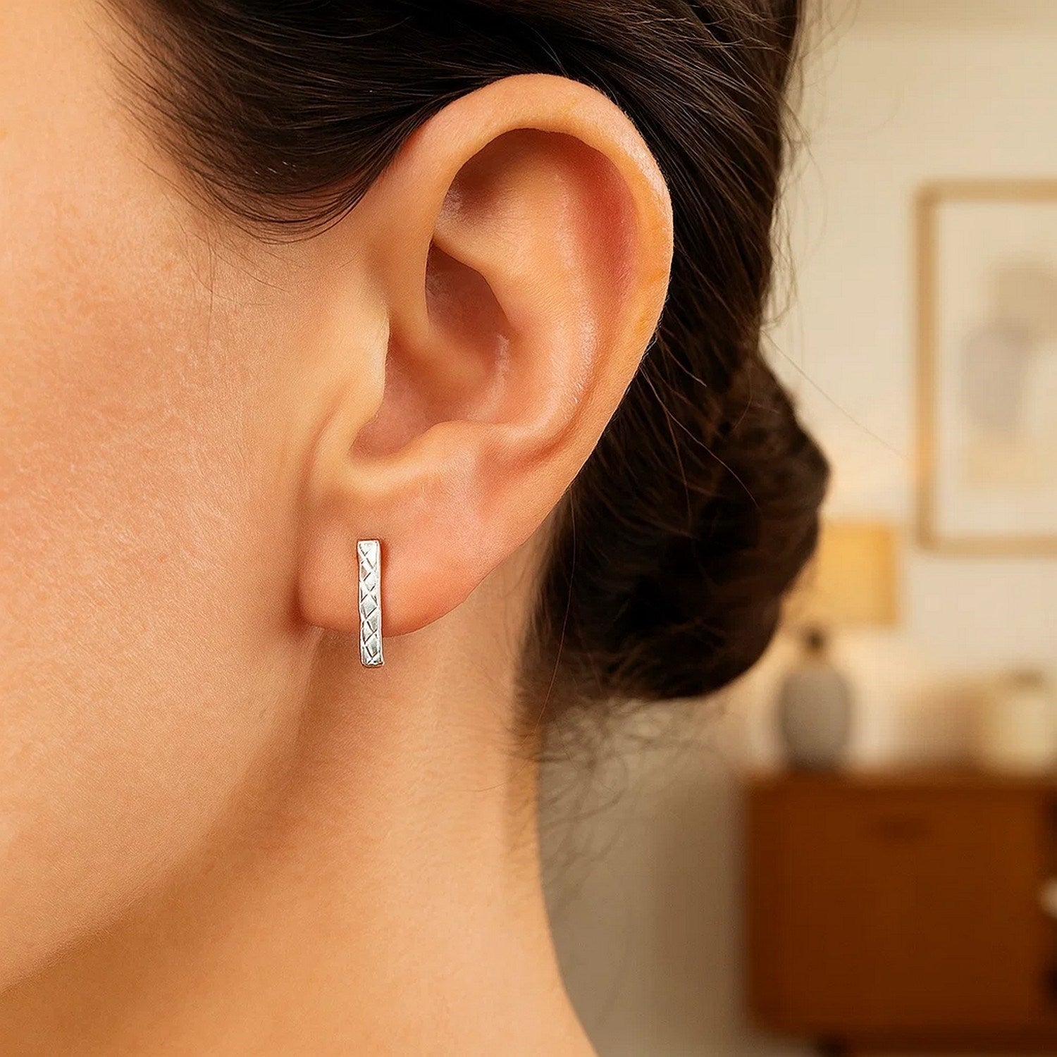 14k white gold textured bar dangle earrings with modern design, perfect for elegant occasions and sophisticated style.