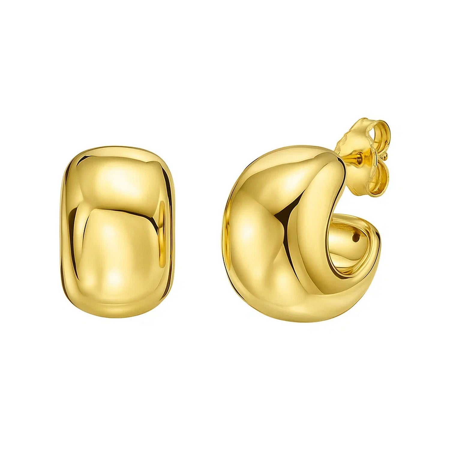 14k yellow gold polished huggie hoop earrings with a sleek modern design, perfect for elegant everyday wear.