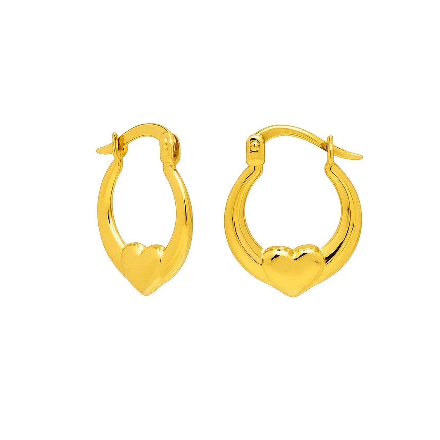 14k yellow gold small heart hoop earrings with a contemporary design, perfect for elegant everyday wear.