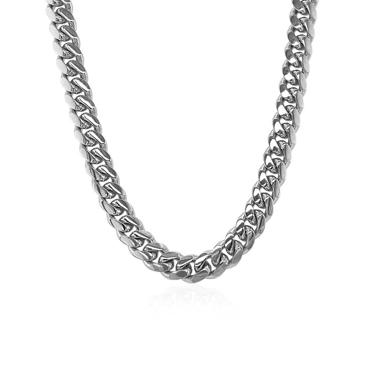 14k white gold classic Miami Cuban chain, 5.00 mm, featuring a sleek round design for timeless elegance.