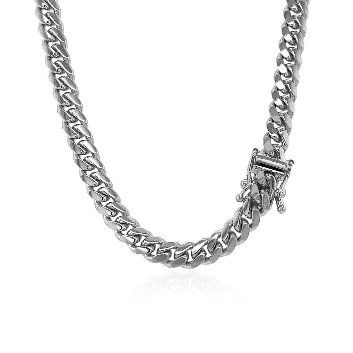14k white gold classic Miami Cuban chain, 5.00 mm, featuring a sleek round design for timeless elegance.