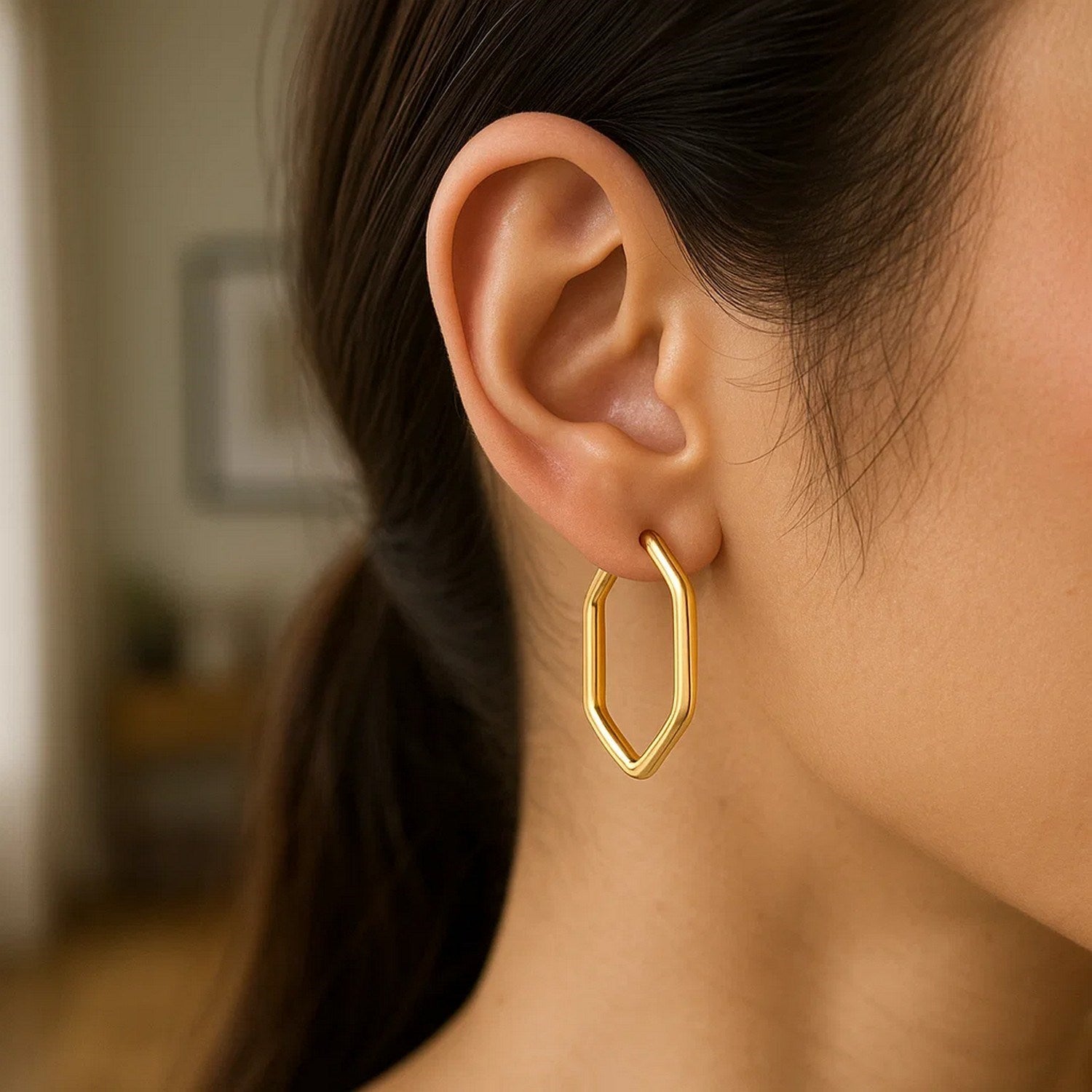 14k yellow gold contemporary endless hexagon hoop earrings with a sleek, modern design for elegant sophistication.