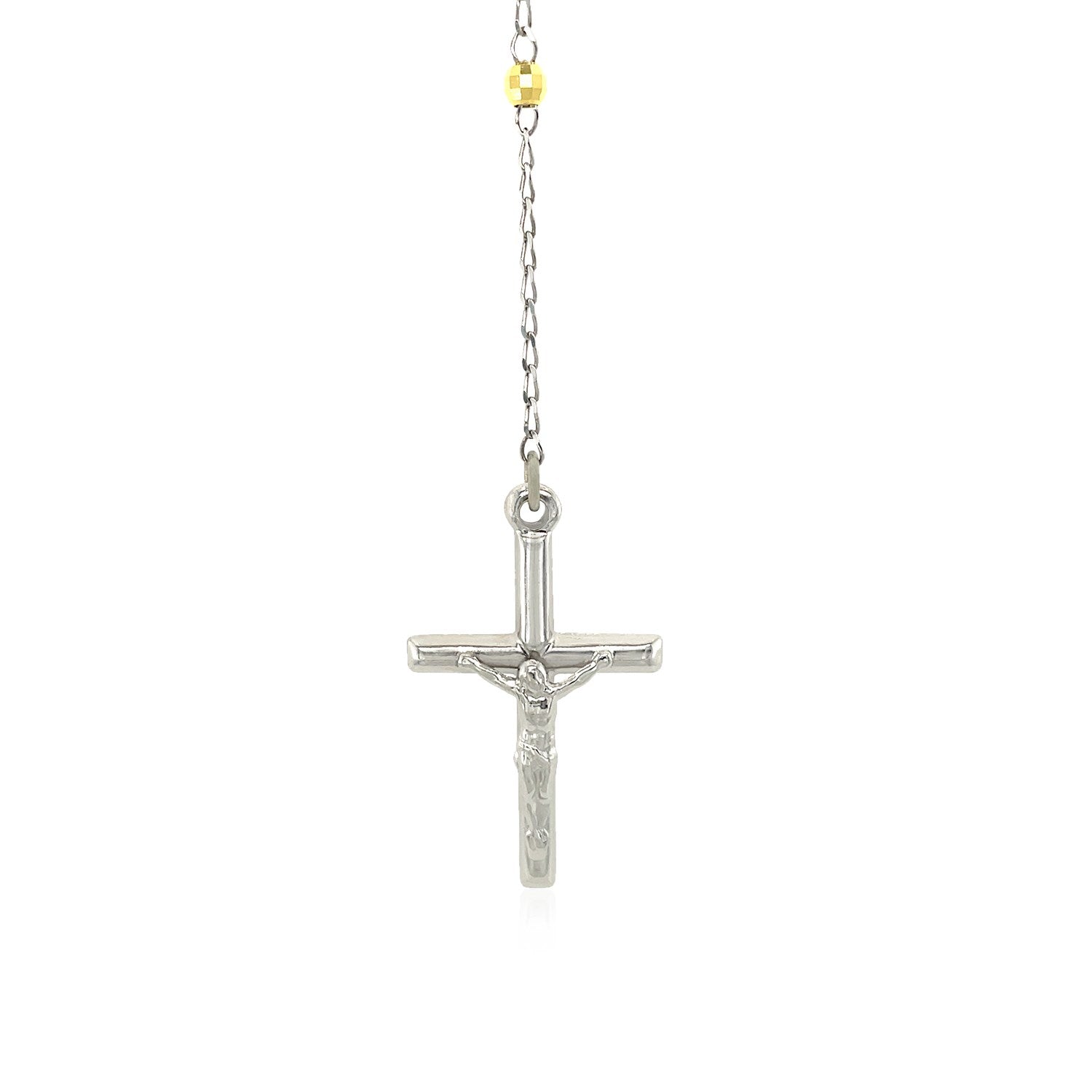 Three toned sterling silver rosary chain necklace featuring elegant bead accents and modern design.