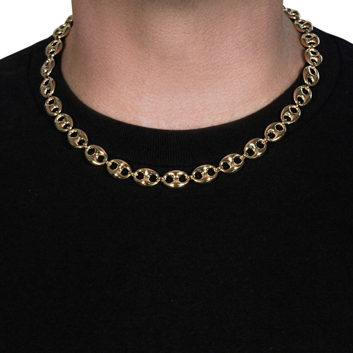14k yellow gold puffed mariner link chain with a classic design, showcasing elegant round links for timeless luxury.