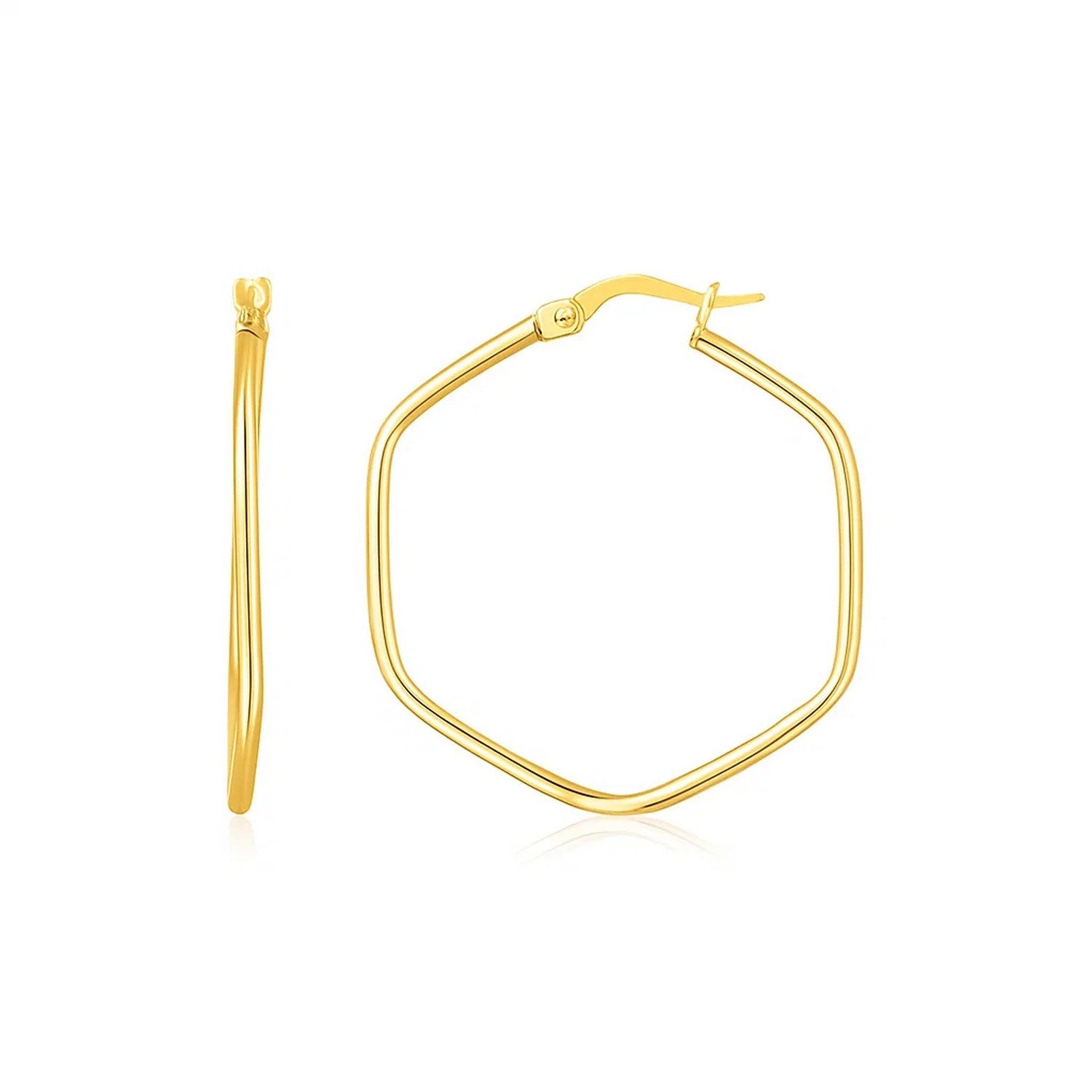 14K yellow gold hexagon hoop earrings with rounded edges, showcasing modern elegance and timeless luxury.