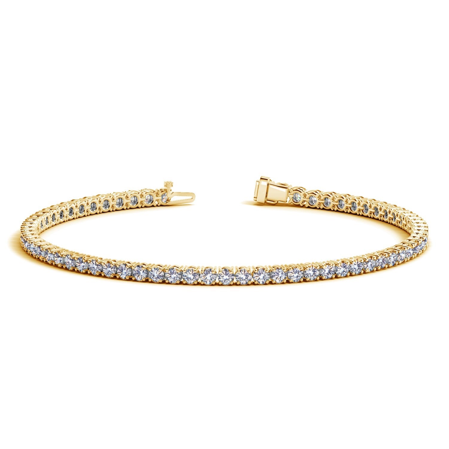 Lab grown round diamond tennis bracelet in 14k yellow gold, featuring 3 cctw F/G VS2/SI1 diamonds for a modern elegance.