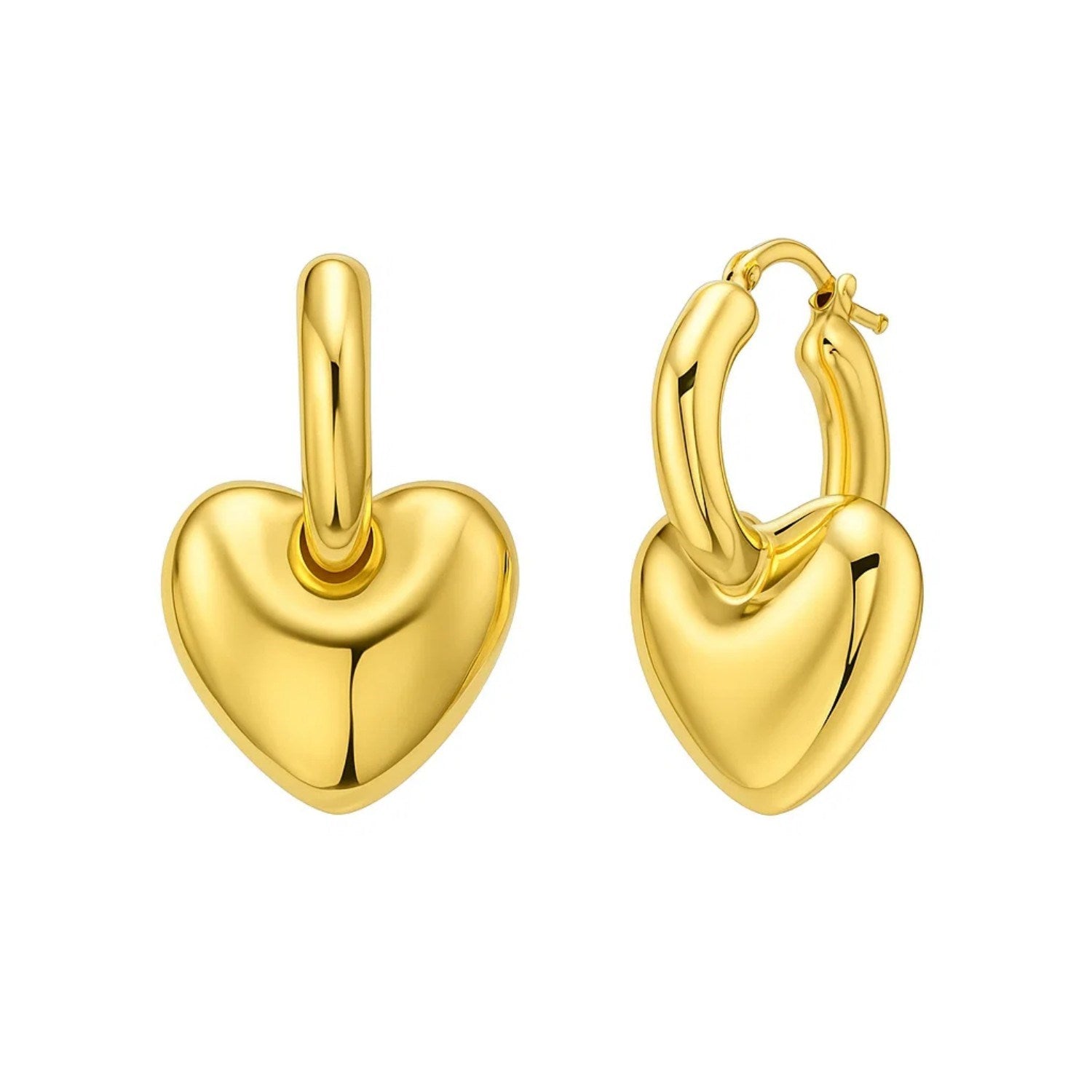 14K yellow gold puffy heart dangle huggie earrings with modern hoop design, perfect for elegant occasions.