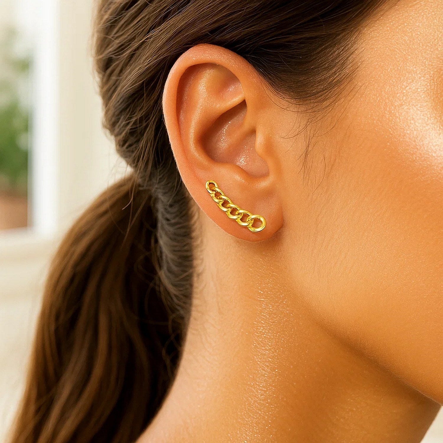 14k yellow gold chain link ear climber earrings with a modern design, perfect for elegant, contemporary style.