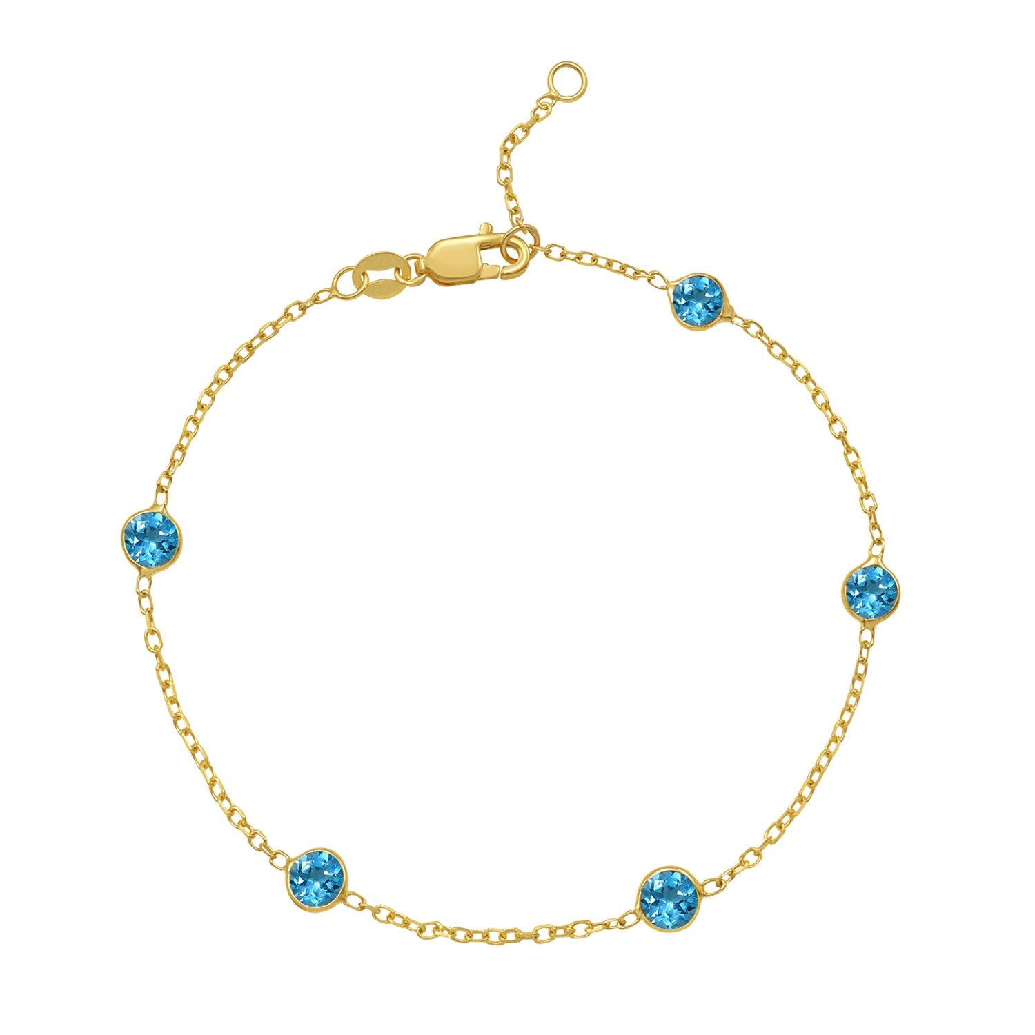 14k yellow gold contemporary bracelet featuring blue topaz stations along a delicate chain design.