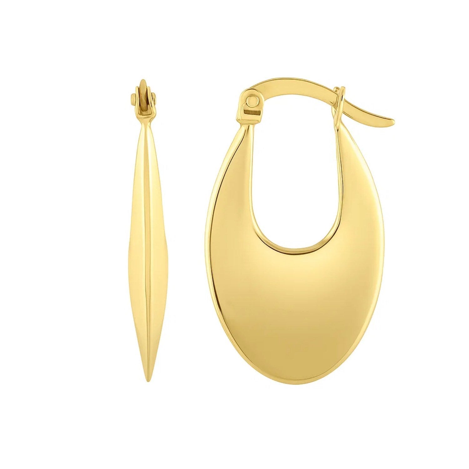 Elegant 14k yellow gold oval hoop earrings showcasing a refined design for luxurious style and sophistication.