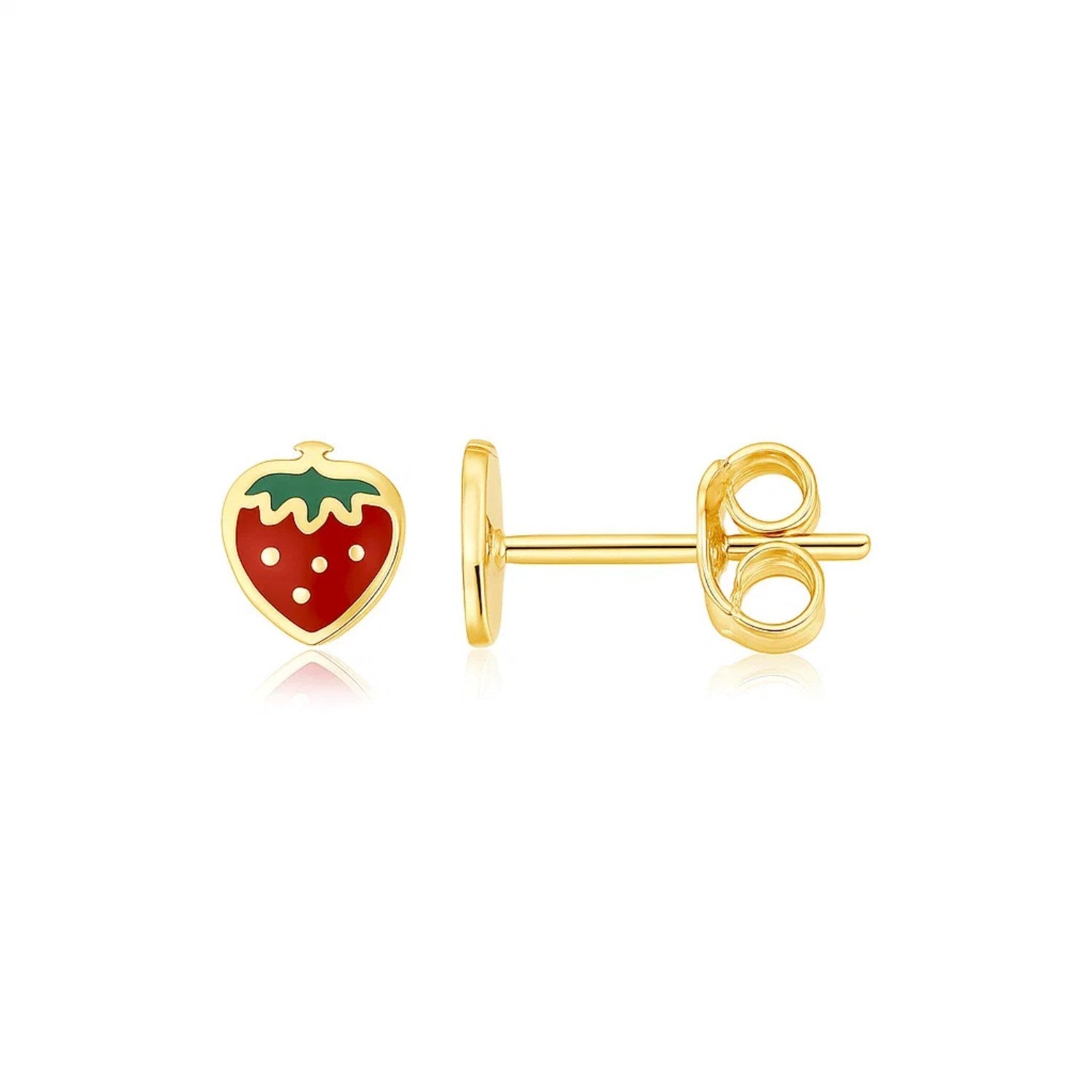 14k yellow gold enameled strawberry stud earrings, elegantly designed for a luxurious touch.