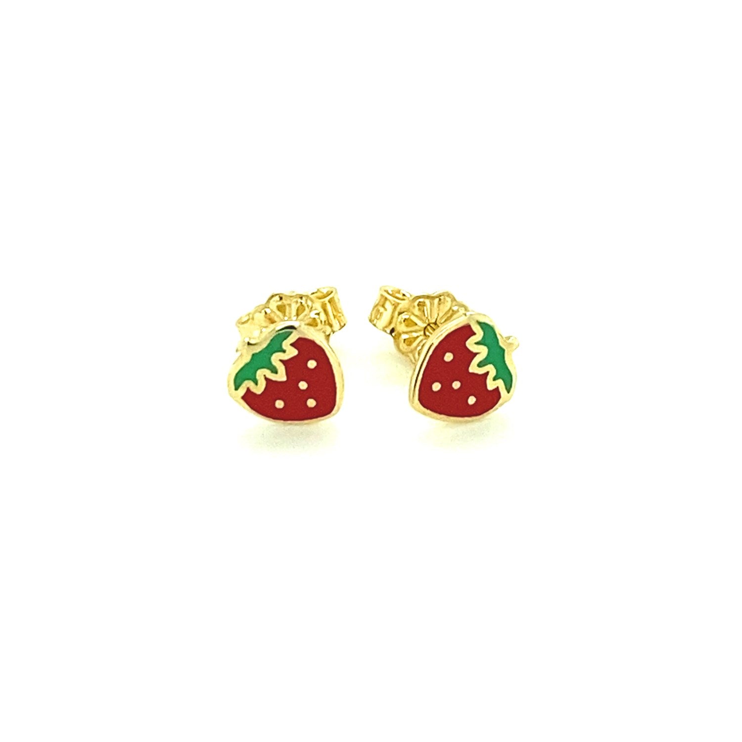 Elegant 14k yellow gold enameled strawberry stud earrings showcasing vibrant color and refined craftsmanship.