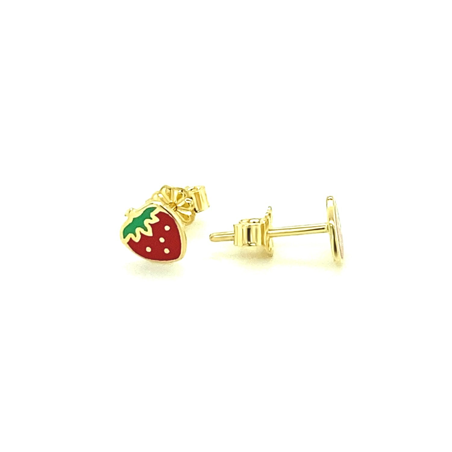 Elegant 14k yellow gold enameled strawberry stud earrings, showcasing a playful yet refined design for luxury lovers.
