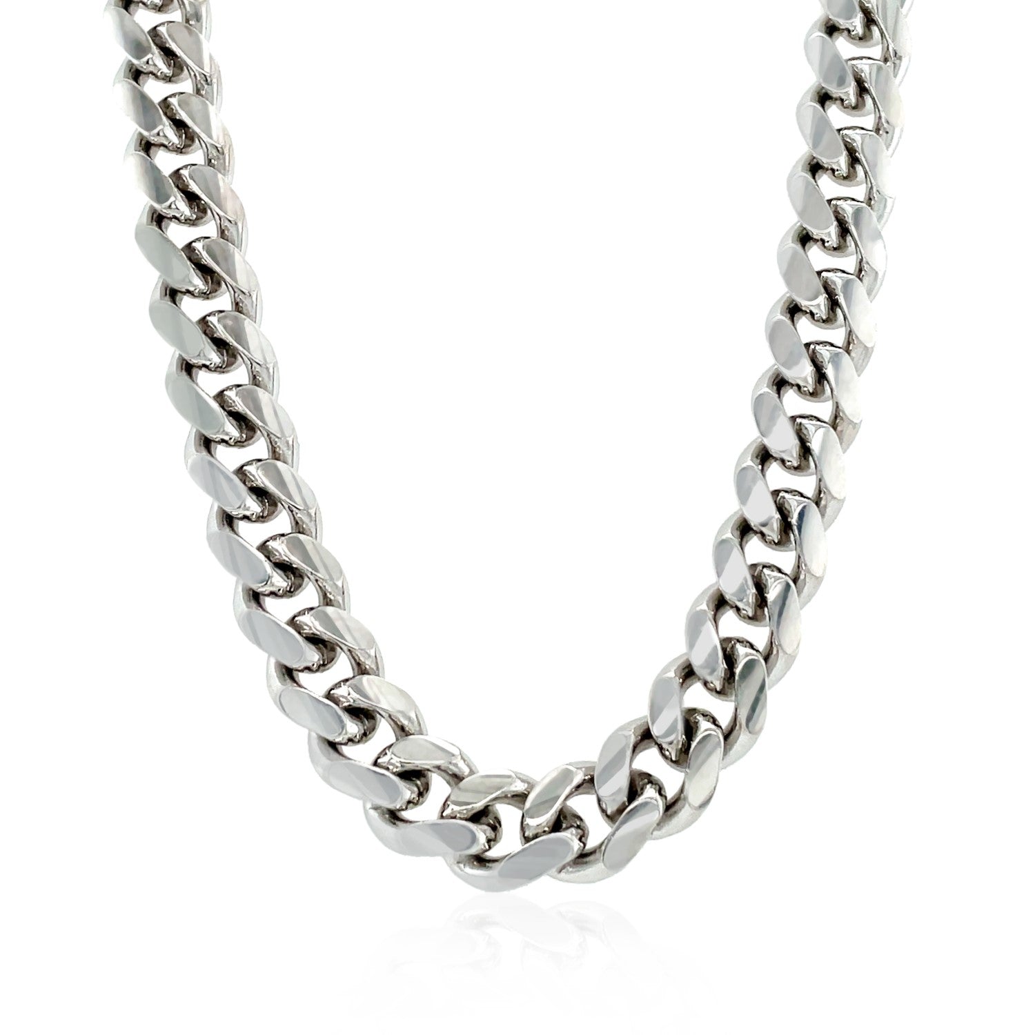 Sterling silver rhodium plated Miami Cuban chain with modern link design, 8.40 mm width, perfect for luxury layering.