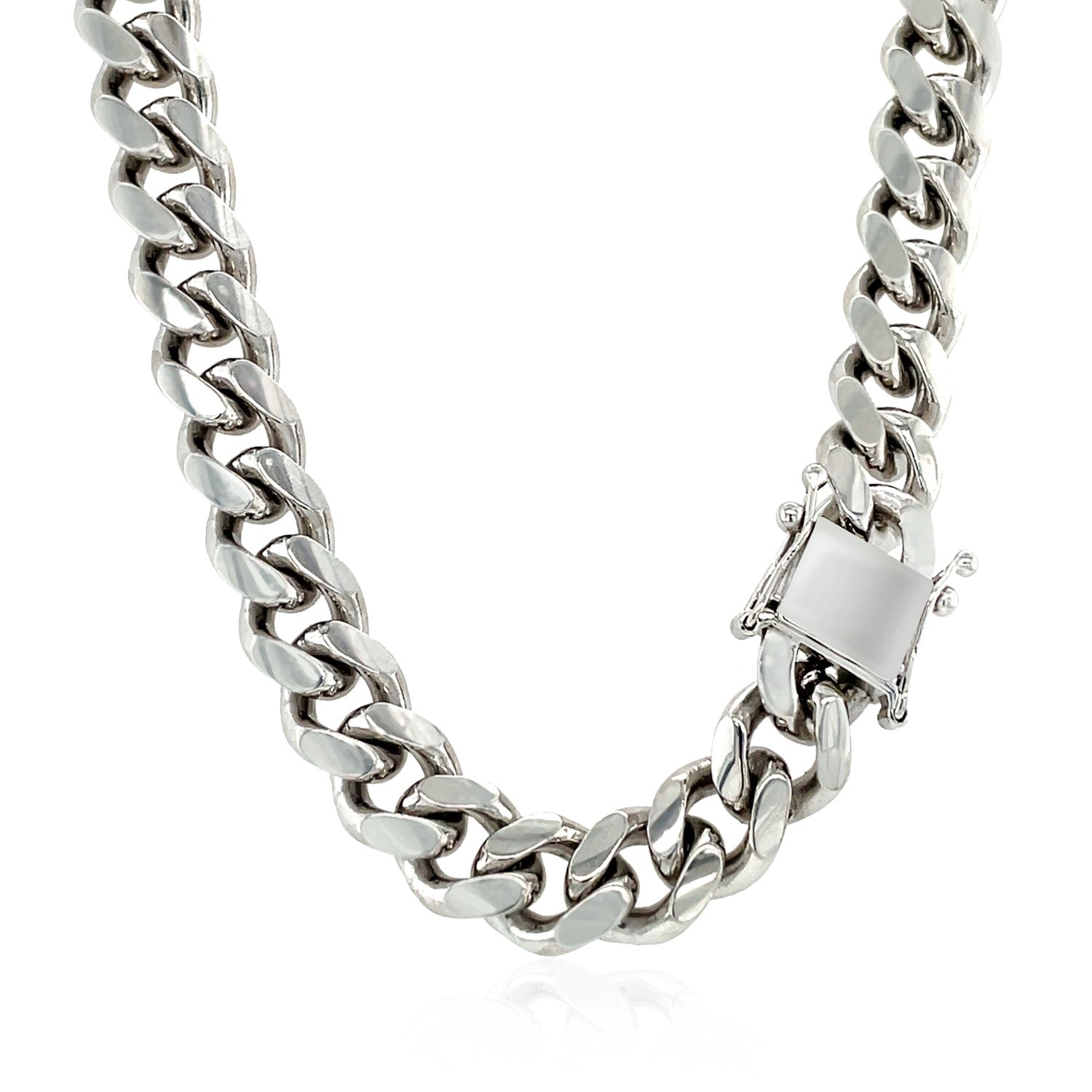 Sterling silver rhodium plated Miami Cuban chain, modern link design, 8.40 mm width, perfect for luxury layering.