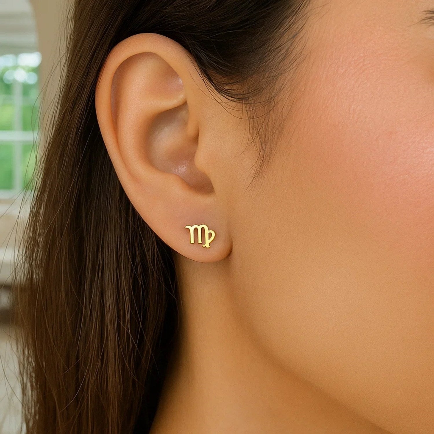 Minimalist 14k yellow gold Virgo stud earrings showcasing elegant simplicity and timeless design.