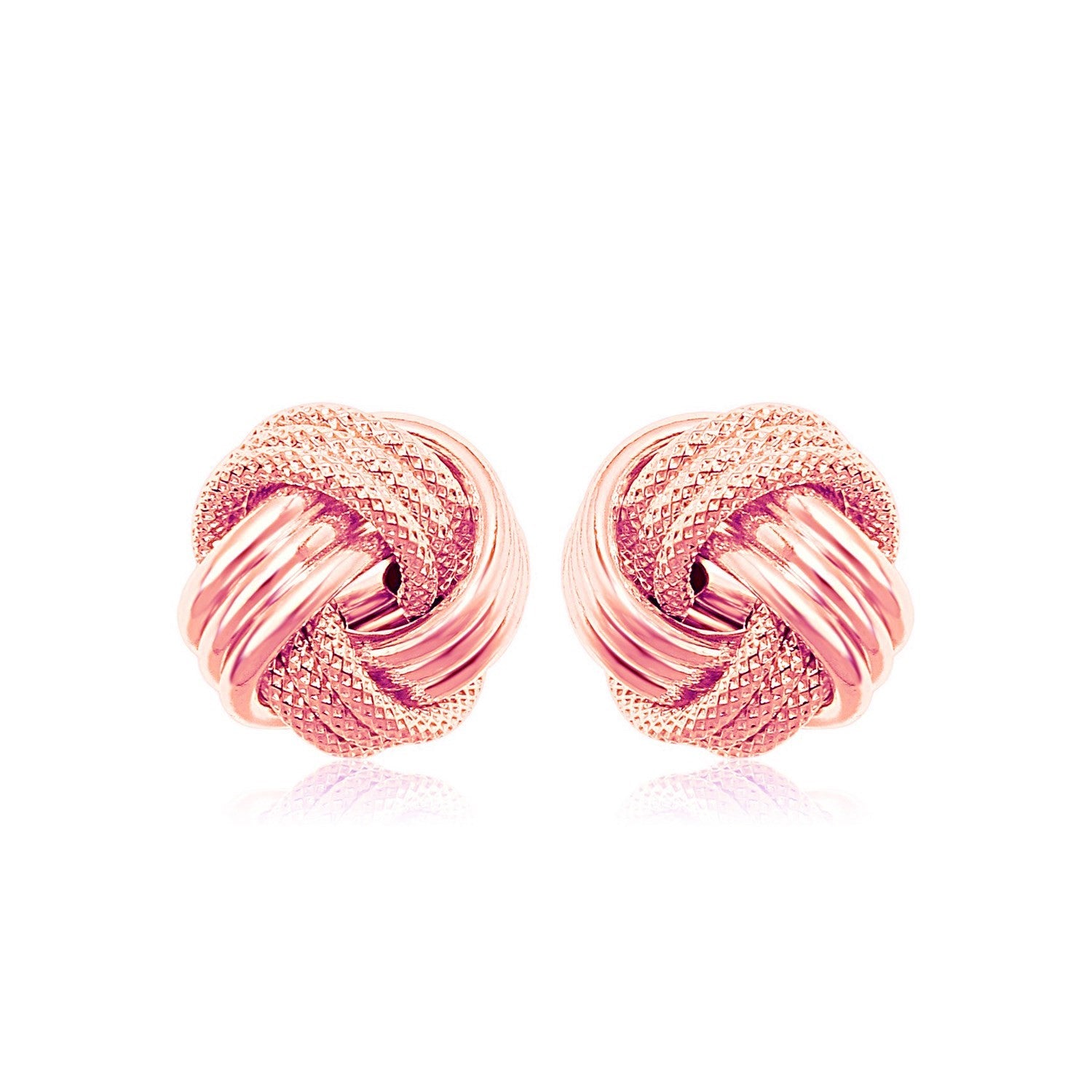 14k rose gold textured love knot earrings, embodying modern luxury with an elegant twist design.