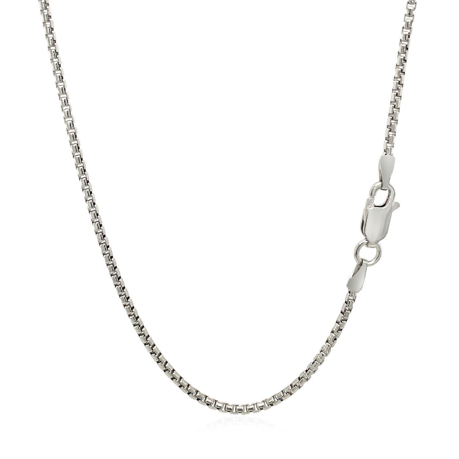 Sterling silver rhodium plated round box chain, modern design, 1.50 mm width, perfect for layering or standalone elegance.