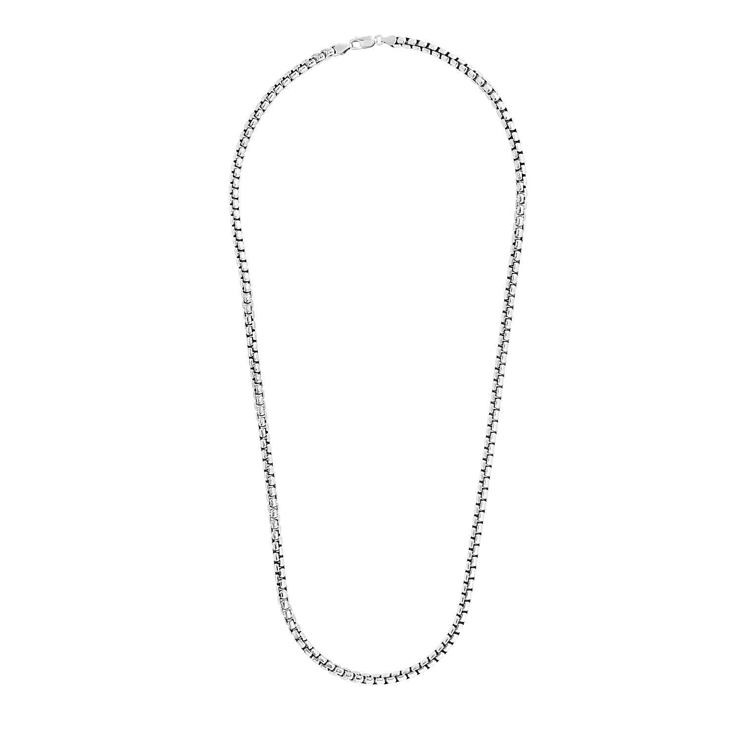 Sterling silver rhodium plated round box chain, modern design, 4.40 mm width, perfect for layering or standalone elegance.