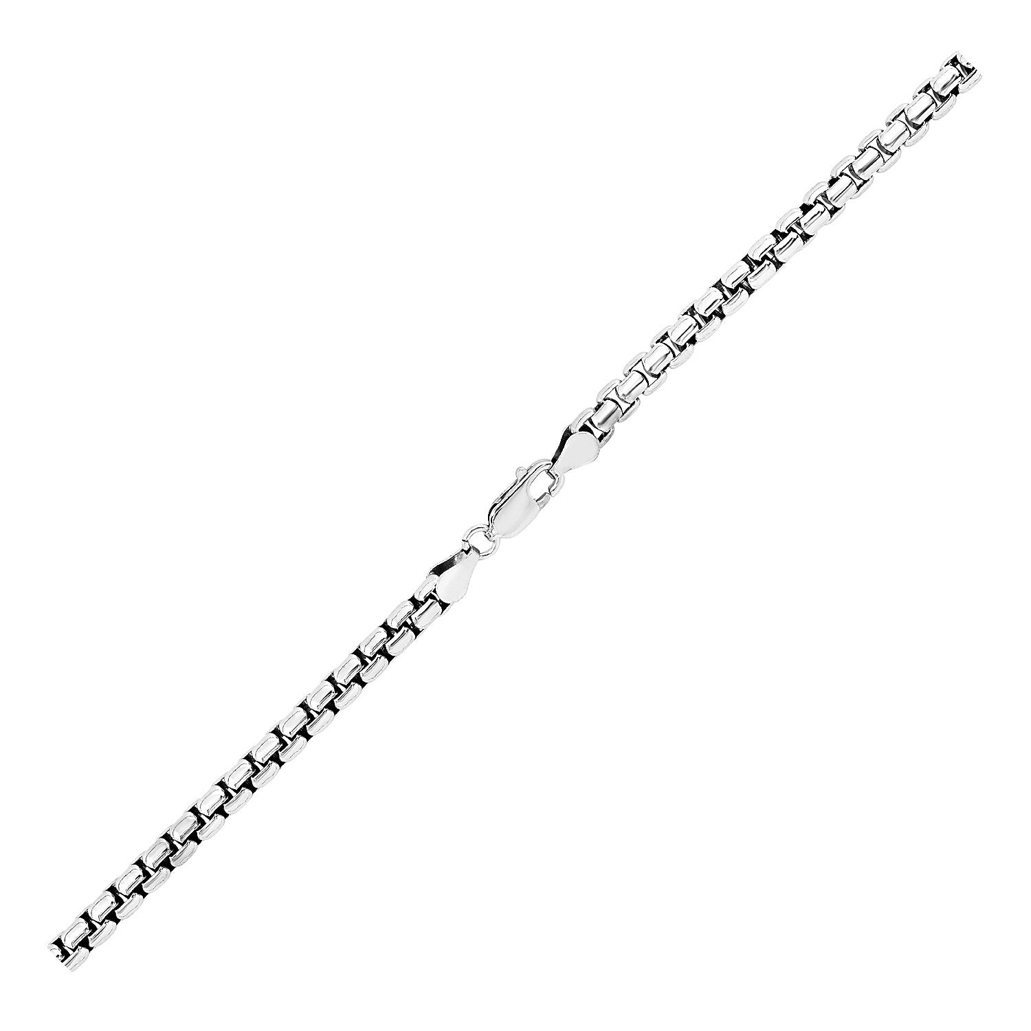 Sterling silver rhodium plated round box chain, modern design, 4.40 mm width, perfect for layering or standalone elegance.
