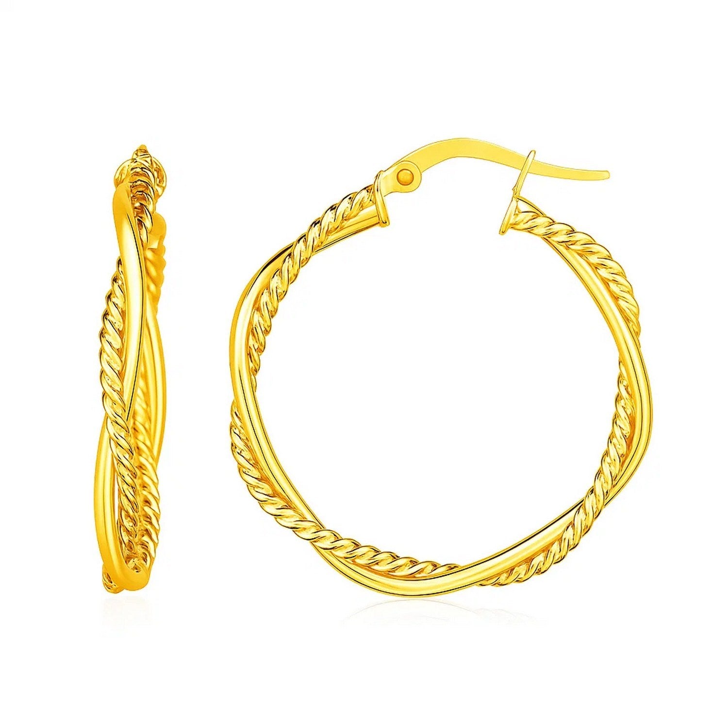 14k yellow gold textured twisted round hoop earrings, embodying classic elegance and timeless luxury.